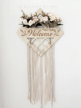 

Free shipping 1pcs custom date and name Tag wooden ropes with flower Wedding birthaday Business background Decoration hangtags