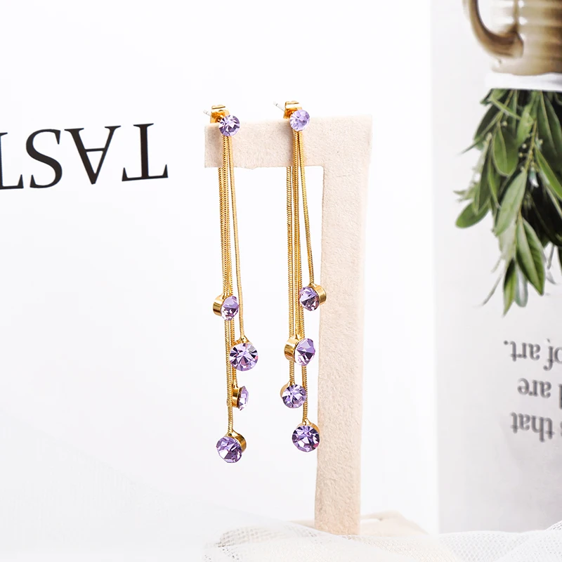 Uer Delicate White Pink Purple Crystal Drop Earrings For Women Gold Color Brass Layered Chain Tassel Fashion Jewelry | Украшения и