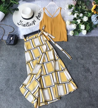 

2020 summer new holiday beach style women sets chiffon vest and ankle length skirts sexy suits top quality