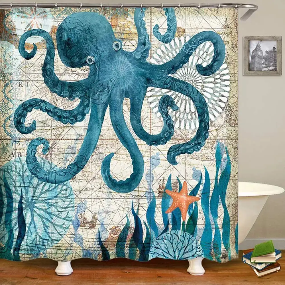 

Octopus Fabric Shower Curtain, Nautical Blue Map Shower Curtain Navigation Under The Sea Life Coastal Cloth Shower Curtain Heavy