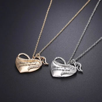 

Fashion Lover's Honeyed Words Carved Angel Wings Charm Necklace Rhinestone Heart Wing Pendant Necklace Memorial Gift For Women