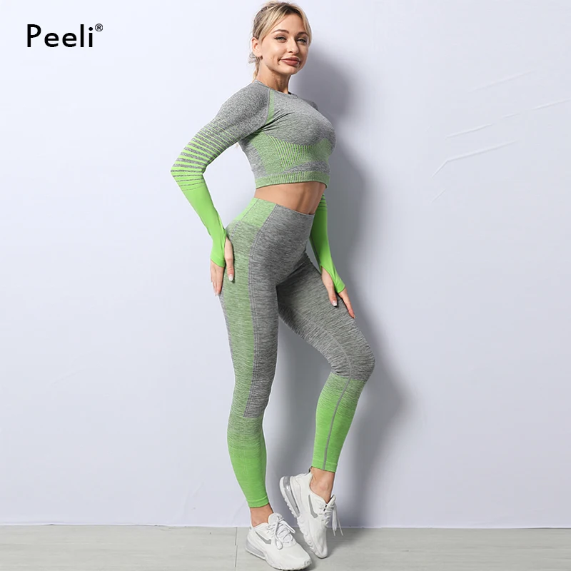 Спортивный комплект Peeli с длинным рукавом укороченный топ бесшовные леггинсы для