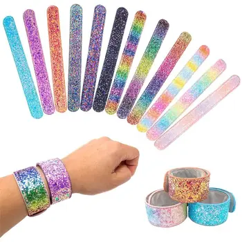 

6Pcs Colorful Sparkling Bracelets Charm Sequins Slap Wristband Strap Band Kids F3ME