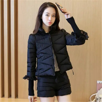 

Two piece set 2019 new ladies winter cotton jacket Thick warm women's short winter coat Black large size women's jacket YG08806