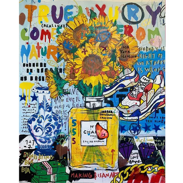 Canvas Painting Perfume Bottle And Sunflower Street Graffiti Art Poster Print Wall Picture For Living Room Home Decor 2