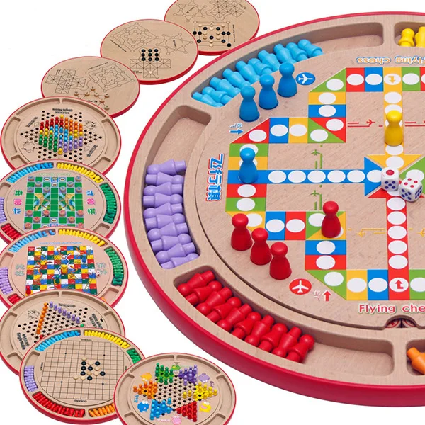 

Wooden Multi-functional Ten One Aeroplane Chess Checkers Animal Fighting Five-in-a-row Snakes & Ladders Children'S Educational P