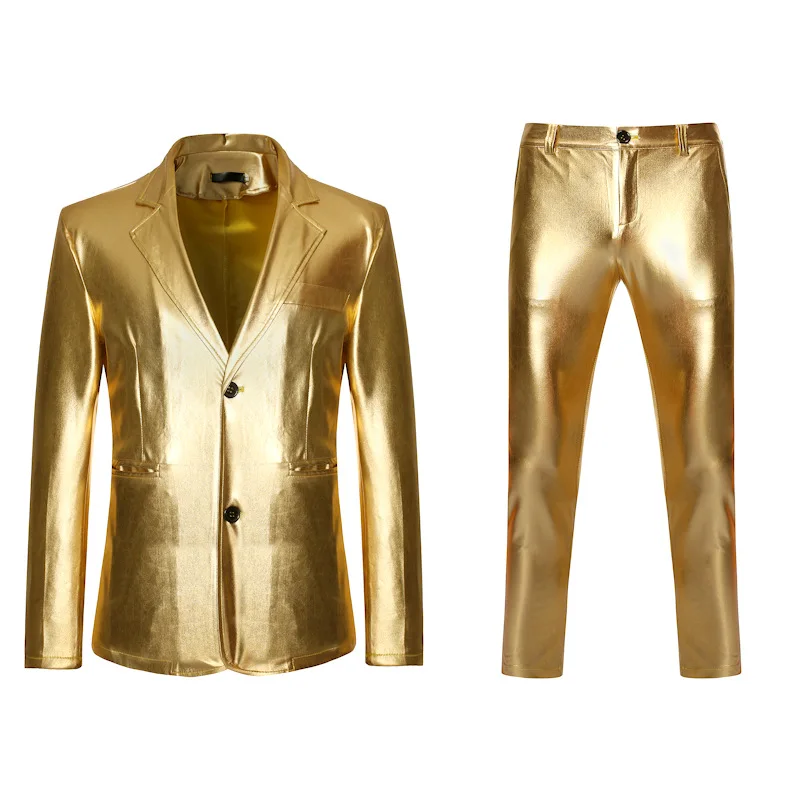 Traje de 2 piezas (Blazer + pantalón) para hombre, dorado brillante, a la moda, Club de DJ de fiesta, esmoquin, ropa de cantante de escenario
