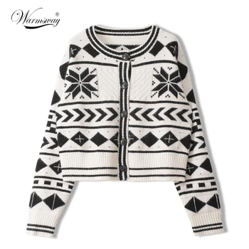 

Women Cardigan Vintage Stylish Geometric Pattern Short Knitted Sweater Fashion Long Sleeve Outerwear Chaqueta C-019