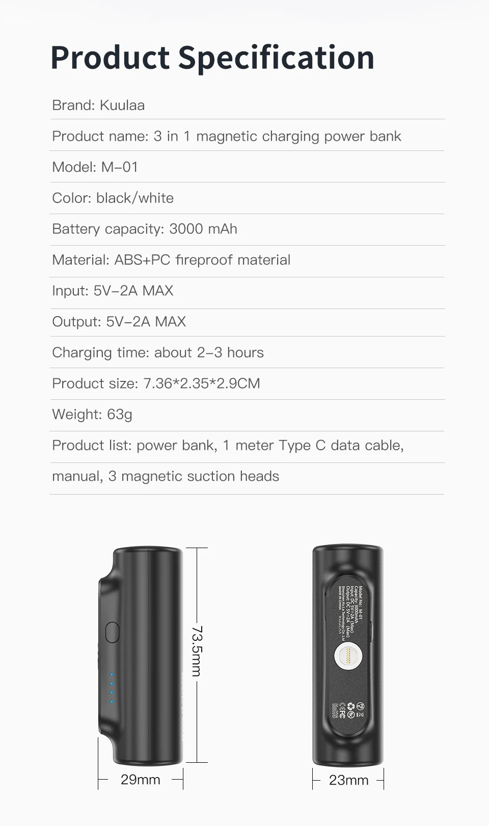 KUULAA 3000mAh Mini Magnet PowerBank Portable Charging Power Bank 3 In 1 Magnetic Black Power Bank For Xiaomi MI IPhone slim power bank