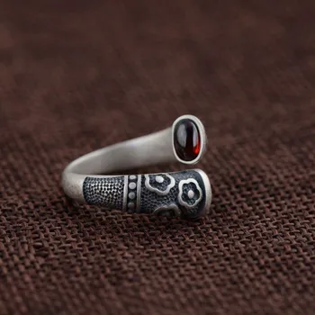 

925 Sterling Silver Rings Vitnage Thai Silver Ring For Women Inlaid Red Garnet Natural Gemstone Flower Engraved Grenat