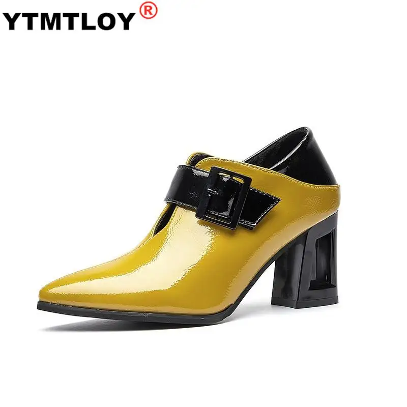 High Heels Women Pumps Natural Buckle Fretwork High Heel Shoes Pointed Toe Shoes Lady Gladiator Square Heel Casual Yellow Shoes
