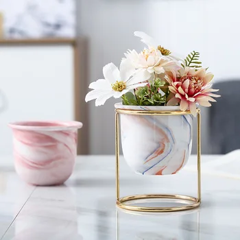 

Nordic Style Flower Vase Creative Marble Pattern Ceramics Golden Iron Art Vase Tabletop Flower Pot Wedding Living Room WF1020