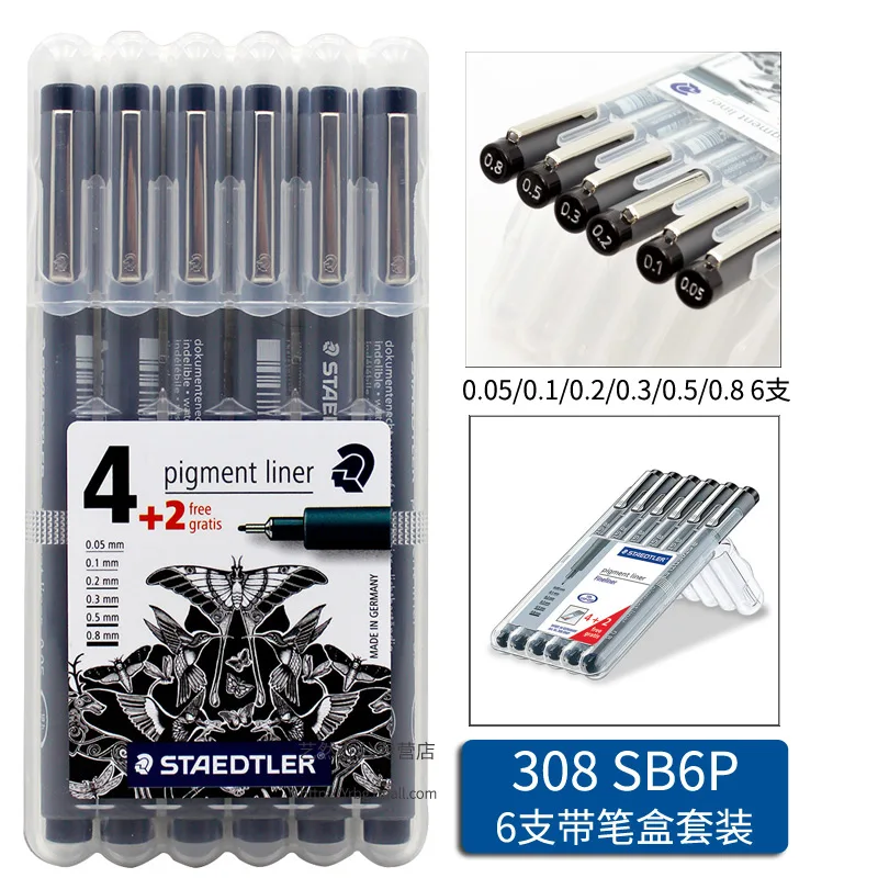 

Staedtler 308 SB6P Pigment Liner 6 Assorted Line Widths 0.05/0.1/0.2/0.3/0.5/0.8 Needle Pen Writing Drawing Fineliner Waterproof