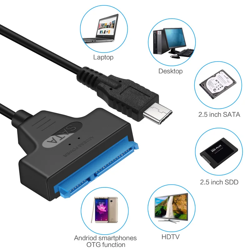 Length: 20cm HDD Data Converter Cable USB-C//Type-C 3.1 Male to SATA 15 Pin + 7 Pin