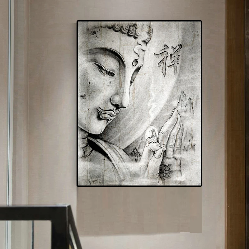 

Abstract Black White Religion Buddha Statue Painting on Canvas Scandinavian Posters and Prints Wall art Picture for Living Room