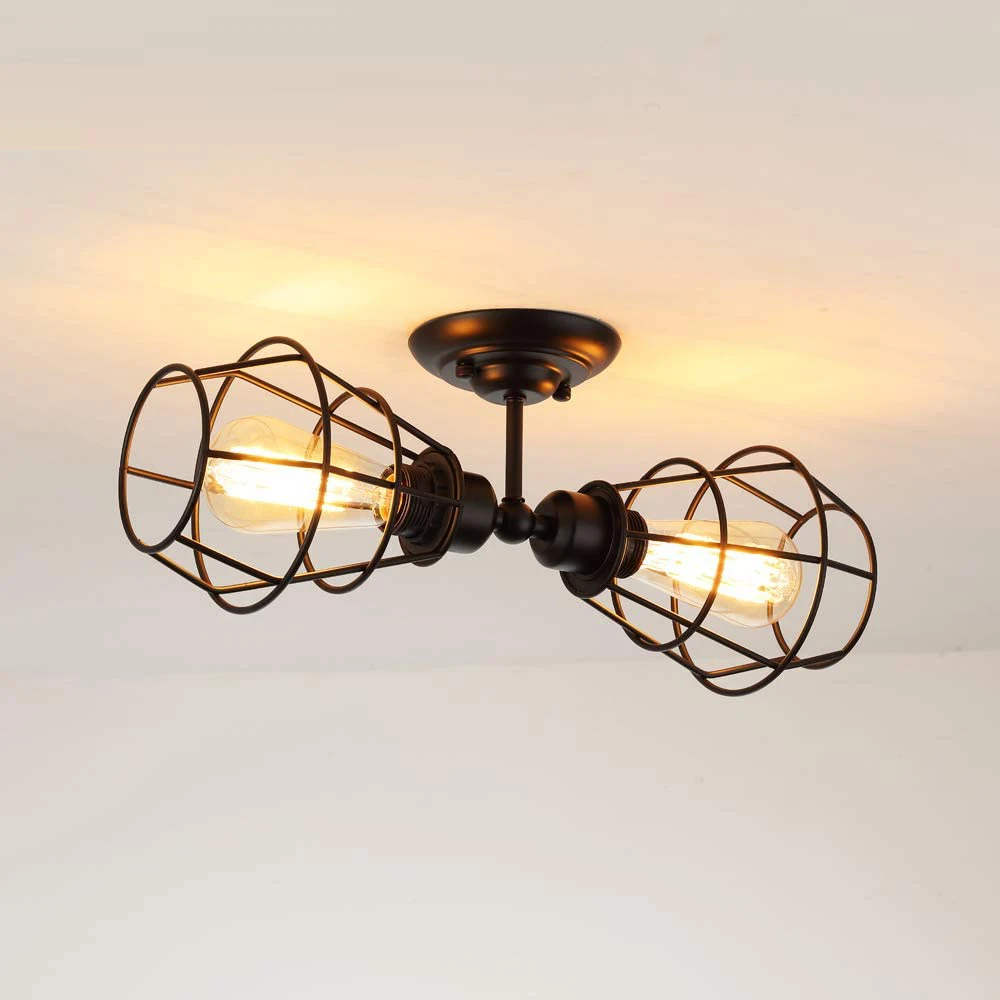

2 Light Industrial Bathroom Vanity Light Vintage Black Metal Wall Lamp Fixture Make Up Mirror Ceiling Wire Cage Wall Sconce