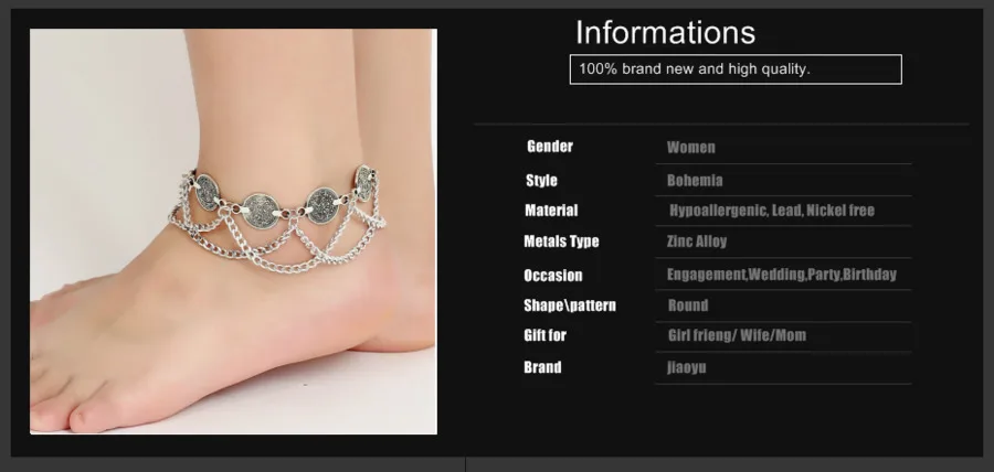 Винтаж серебристый металлик для монет ботильоны браслет для Для женщин чешские Цыганский пляж сексуальные цепочка с кисточками индийский ножной браслет бижутерия для ног 1 шт