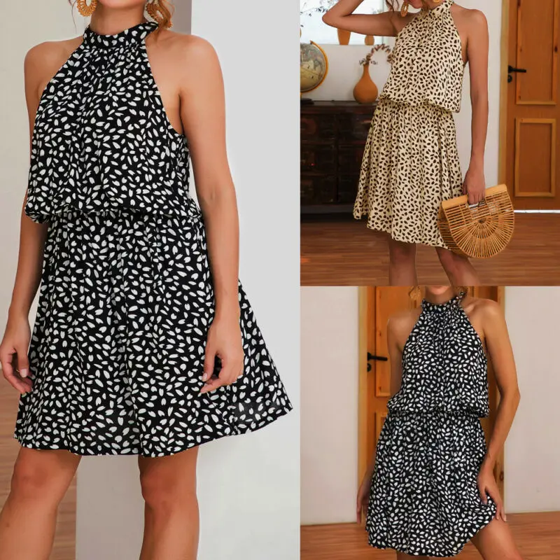 

Bohemia Style Mini Dress Lady 2019 Summer Dot Print Boho Beach Dresses For Women Casual Sleeveless Turtleneck Party Dress Female