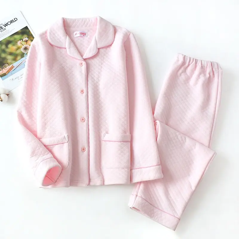 Осень-зима, теплые хлопковые женские пижамные комплекты, плотные пижамы из хлопка с длинным рукавом, пижамный комплект для женщин, домашняя одежда - Цвет: Pink