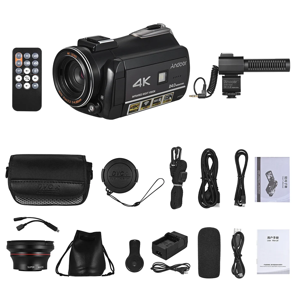 Andoer AC3 4K UHD 24MP Цифровая видеокамера DV рекордер 30X Zoom WiFi подключение ИК ночного видения ips lcd сенсорный экран - Цвет: EU Plug