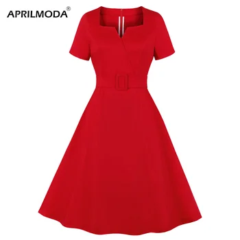 

3XL 4XL Ladies Red 50s Rockabilly Dresses Short Sleeve Cotton Vintage Retro Big Swing Plus Size Women Dress with Belt 2020