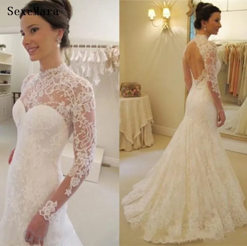 

2019 Vintage Mermaid Lace Wedding Dresses Sheer High Neckline With Long Sleeves Backless Sweep Train Bridal Gowns Vestido