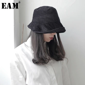 

[EAM] Women Black Corduroy Fold Brief Fishermen Hat New Round Dome Temperament Fashion Tide All-match Spring Autumn 2020 1S743