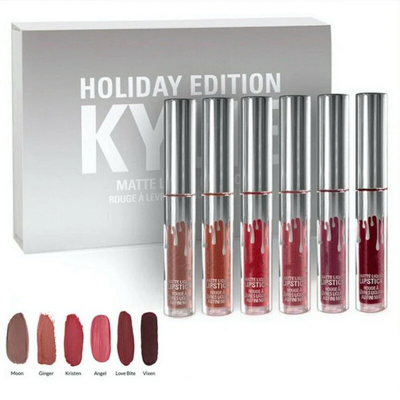 

6Pcs Silver Matte Liquid Lipgloss Kit Same As Holiday Edition Waterproof Lip Gloss Long-lasting Lipstick Kit