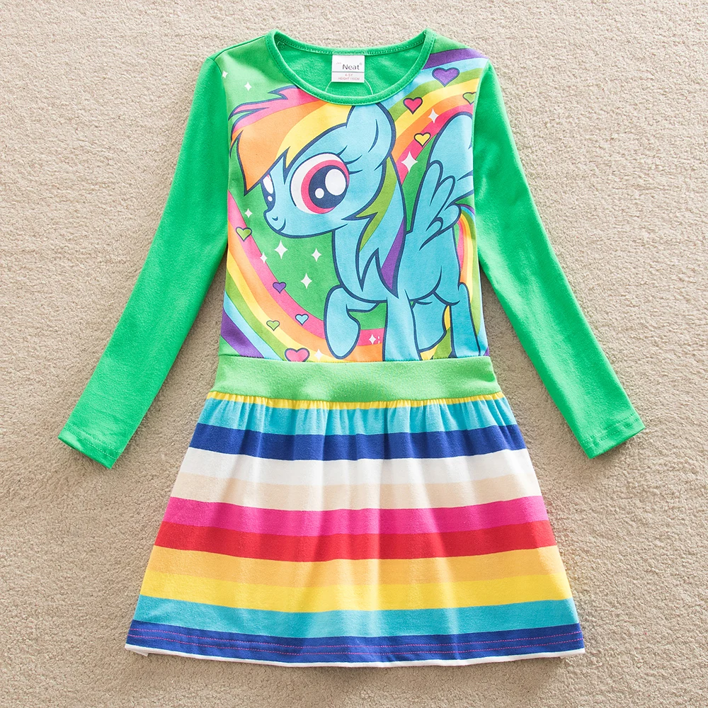 JUXINSU My Baby Girls Little Pony Cartoon Girl Rainbow Long Sleeve Dresses Pony Casual Dress Autumn Winter Home Wear 1-8 Years