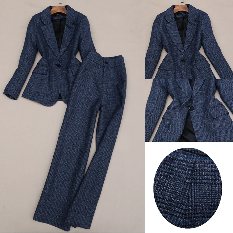 

2 piece sets womens outfits autumn and winter new fashion suit professional plaid woolen suit wide leg pants two-piece suit