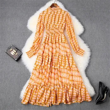 

Fashion New Women 2020 Spring Dress Long Sleeve Elegant Designers Long Sleeve Geometric Print Mid Calf Boho Beach Chiffon Dress