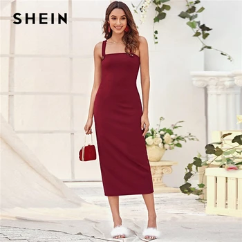 

SHEIN Burgundy Split Detail Fitted Cami Dress Women Summer Solid Sleeveless Straps Fitted Elegant Long Dresses