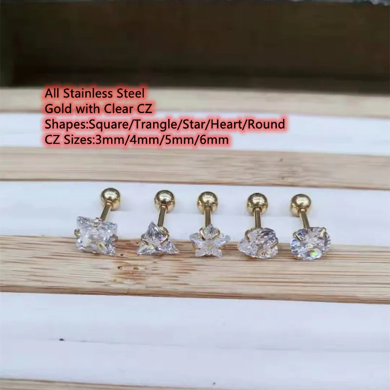 

50pcs Body Jewelry Piercing - Gold Clear CZ Gems Earring Ear Helix Bar Lobe Cartilage Tragus Diath Studs Star Heart Round CZ