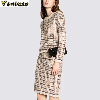

Autumn Spring Winter Knitted Tracksuit Sweater Women 2 Two Piece Set Clothing Tweed Knit Skirt Suit Elegant Luxury Office Ladies