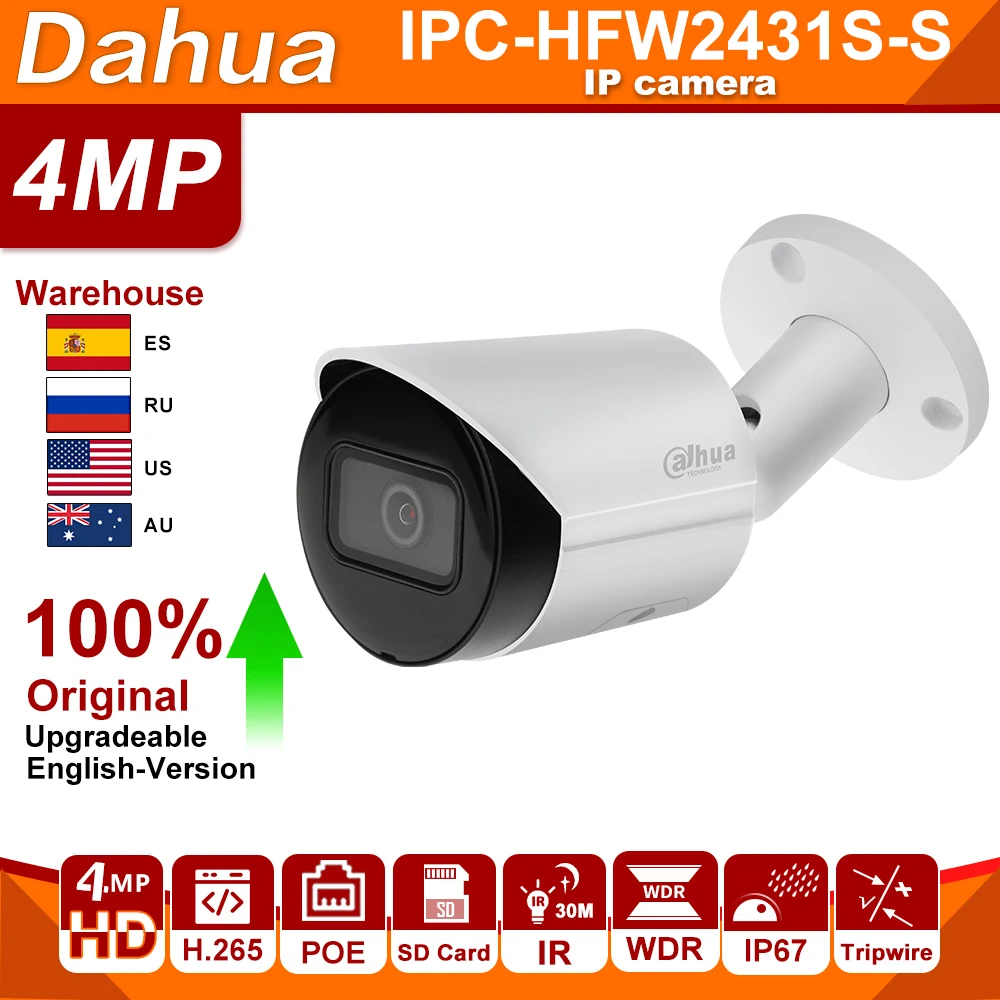 Dahua Original Starlight IP camera 4MP IPC-HFW2431S-S 4MP POE SD Card H.265 IP67 IK10 IR Mini Bullet Camera IVS Network Camera