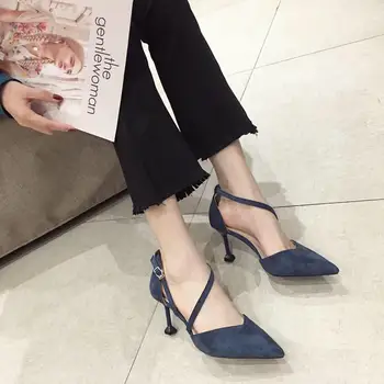 

2019 autumn new fashion simple solid color high heels women suede comfortable casual pointed toe casual high heels