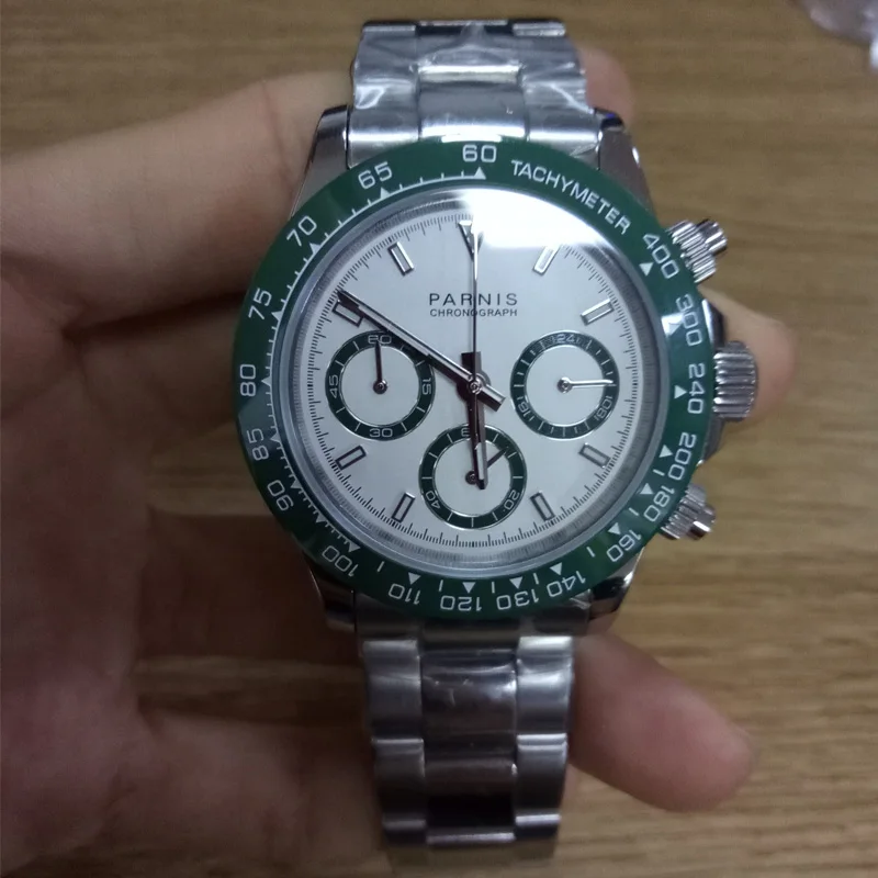 Новый Parnis 39 мм белый циферблат зеленый ободок кварцевые мужские часы 22 мм ремешок стальной браслет хронограф мужские часы VK64 движение