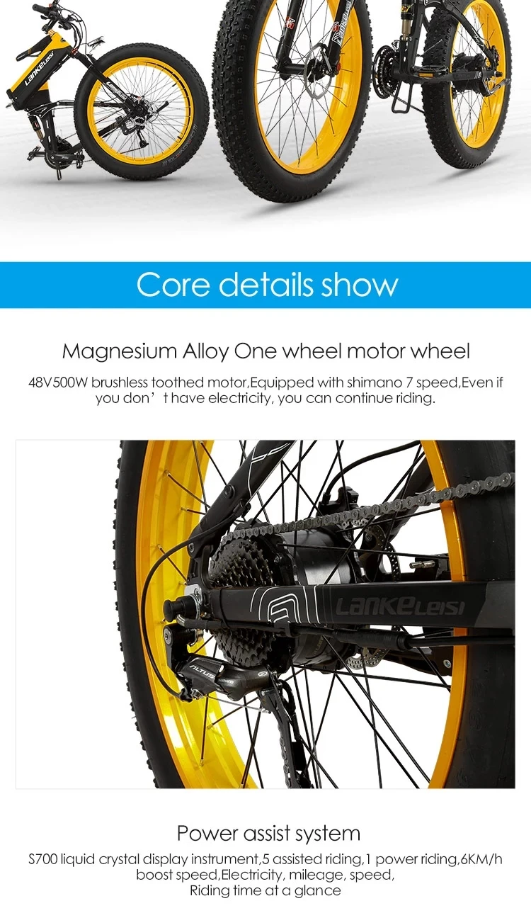 26" Fat Tire Folding Electric Bicycle Shimano 27 Speed 48V Snow Mountain Beach E-Bike