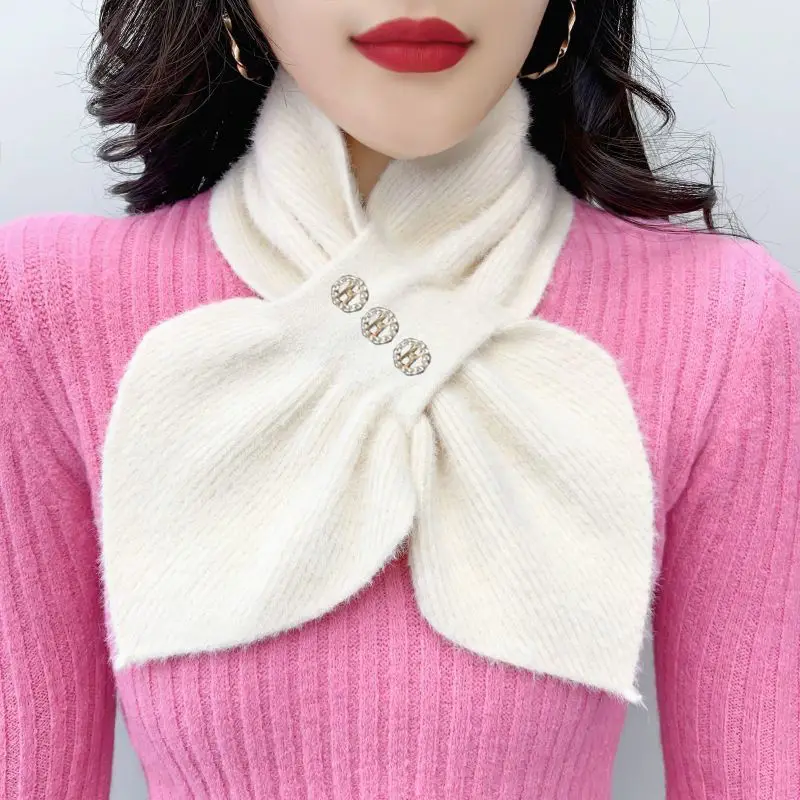 Korean Thick Faux Mink Velvet Knit Diamond Neck Guard Shawl Winter Cross Plush Scarf Women Fake Collar Pullover Warm Scarve T51