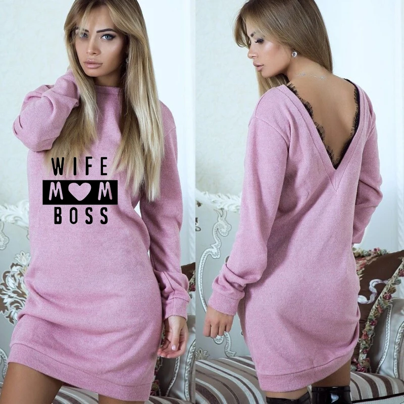 

2020 New Autumn Women WIFE MOM BOSS Print Sweatshirt Open Back Off Shoulder Sexy Lace Night Club Dress In Women Dresses Clothing