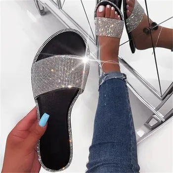 

Summer New Female Slippers Outdoor Flat Bottom Bright Diamond Beach Fashion Snake Pattern Wild Open Toe Women Student Sandals