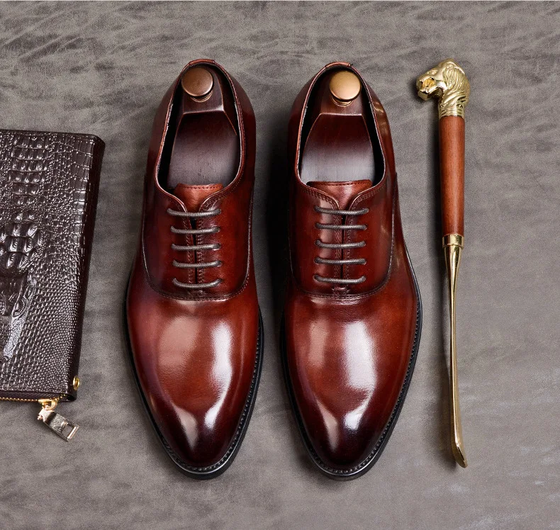 QYFCIOUFU/мужские строгие туфли из натуральной кожи; мужские оксфорды; итальянские модельные туфли; коллекция года; свадебные туфли; Кожаные броги на шнурках - Цвет: Бордовый
