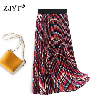 

Europe Fashion Designer Runway Skirt Women 2020 New Spring Summer Style Rainbow Striped Print Pleated Long Skirts