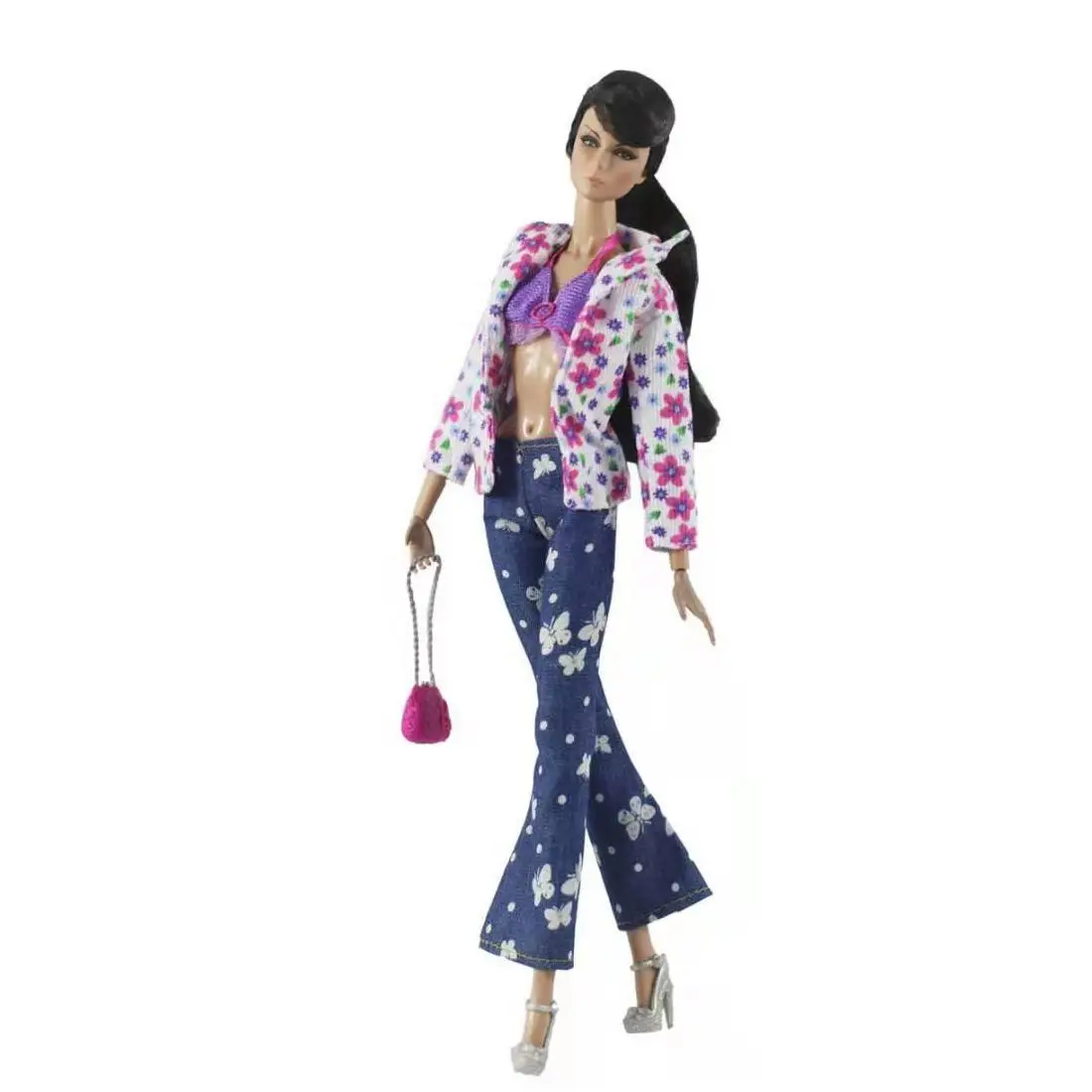 

Pretty Butterfly Jeans Denim Pants 11.5" Doll Outfits Set For Barbie Clothes Floral Coat Jacket Bra Top Trousers 1/6 Accessories