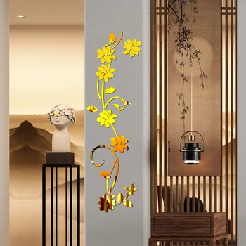 

Black/Golden/Sliver Acrylic Flower Vine Sticker 3D Mirror Art Flower Vinyl Mural Decal For Home Wall Removable Decor Sticker