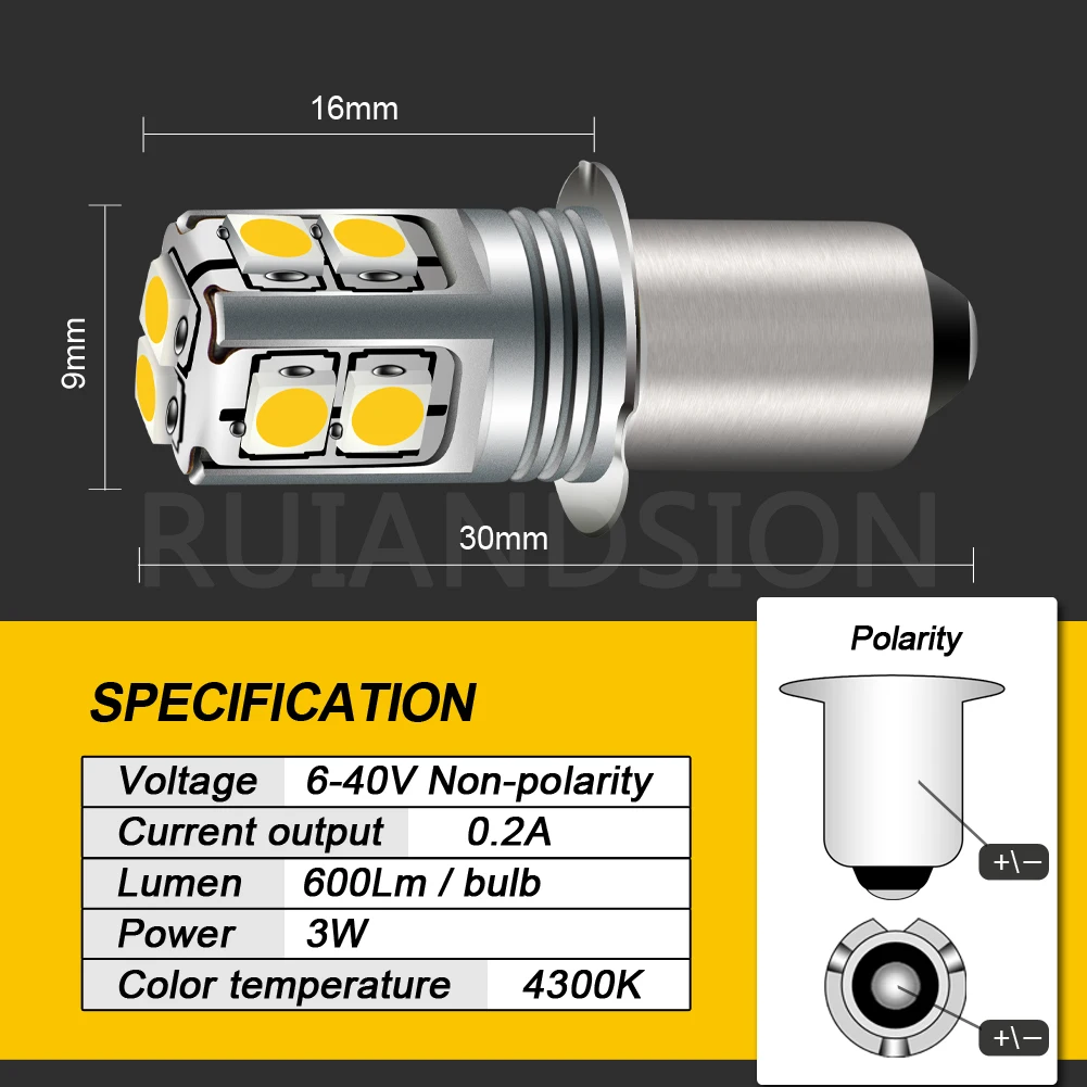 RUIANDSION 1Pcs E10 P13.5S PR2 3030SMD 6000K 4300K ??Maglite 손전등 전구 6V-40V 9V 12V 18V 24V 4D 6D 9D 토치 4-9 셀 600Lm