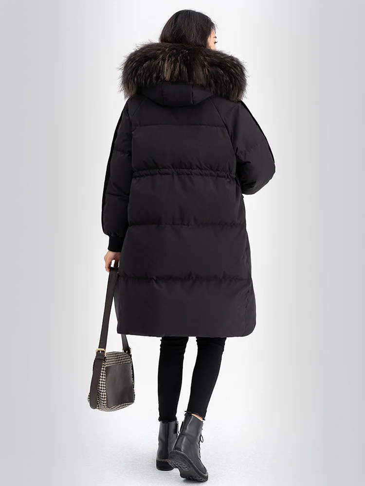 Autumn and Winter New Big Fur Collar Hooded Loose Mid-Length Fashionable Warm down Jacket Thickened Coat