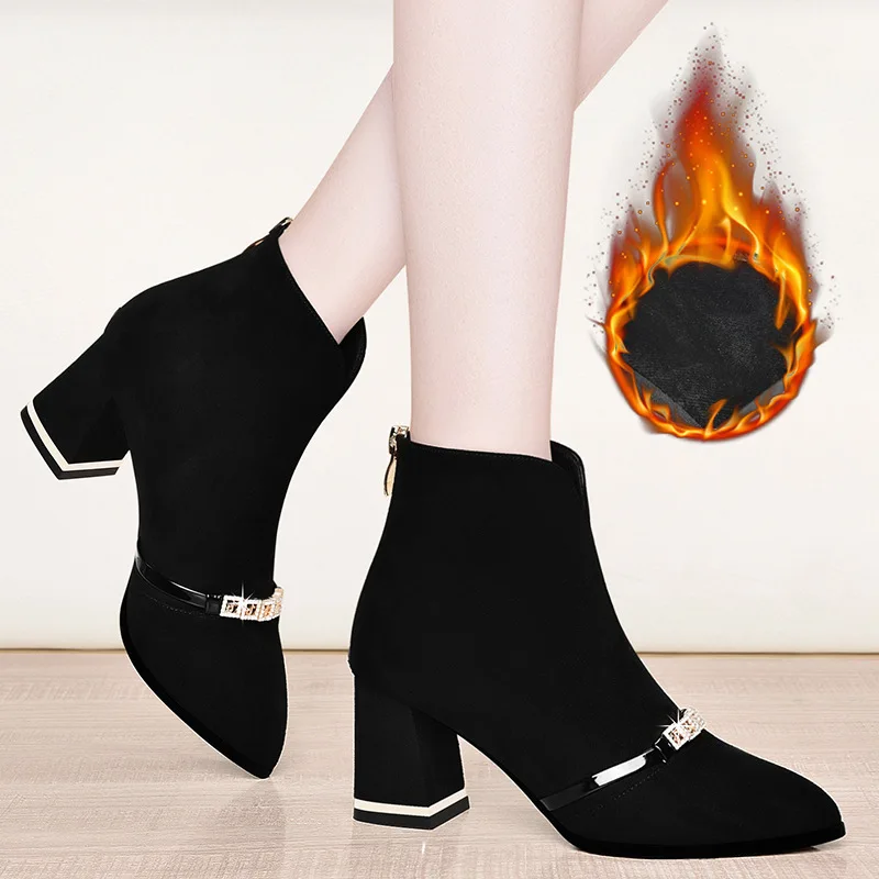 

Neb angel Pointed Toe Chunky Heel Short Boots Women's 2019 Autumn And Winter New Style Ann High-Heel Martin Boots plus Velvet Bo