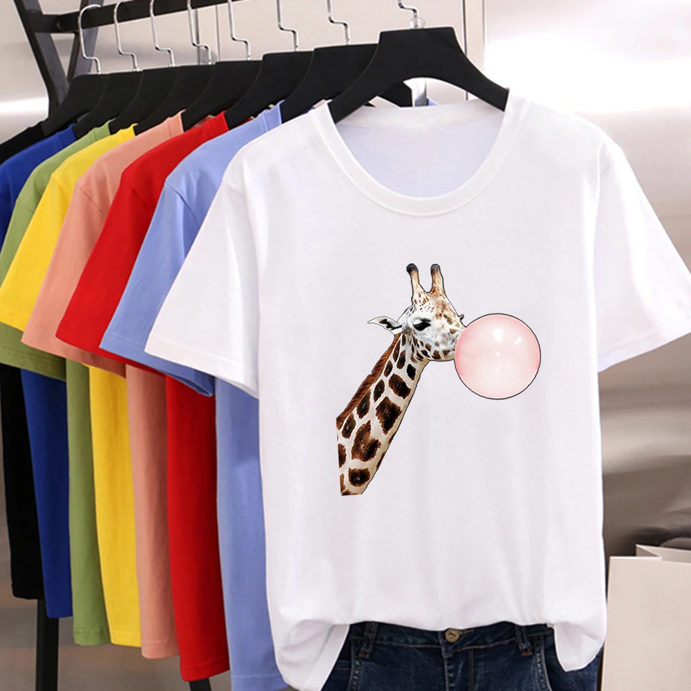 

Giraffe Blowing Bubbles Print Trend T-shirt Ropa Mujer Korean Style Female Top Tee Hipster Cheap O-neck Multicolor Tshirt