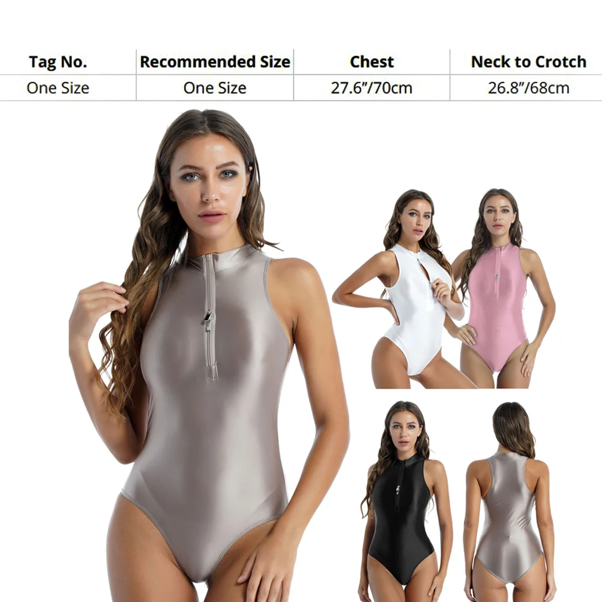 High-Collar Leotards Satin Glossy Bodysuit Zipper One Piece Swimwear Glitter  Shiny Swim Sexy Sleeveless Bathing Suit